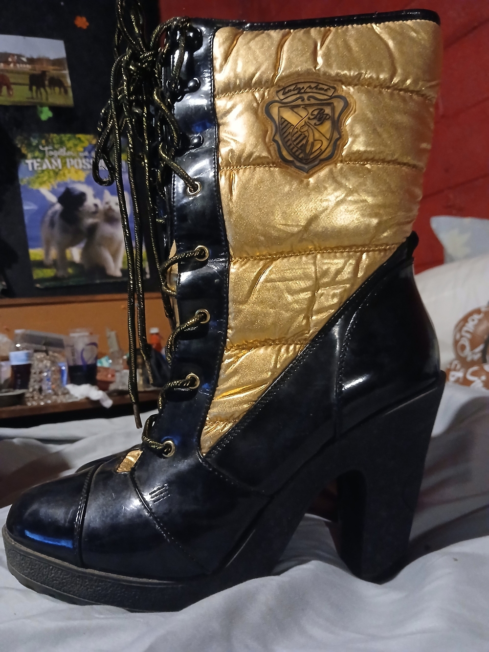 Baby Phat Gold and Black Lace-Up High Heel Boot